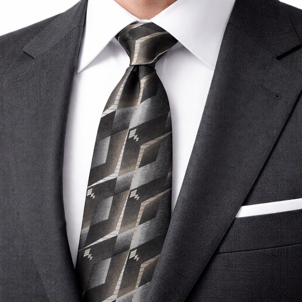 Pierre Cardin VTG Silk Tie Mens Taupe Black Geometric NWT‎